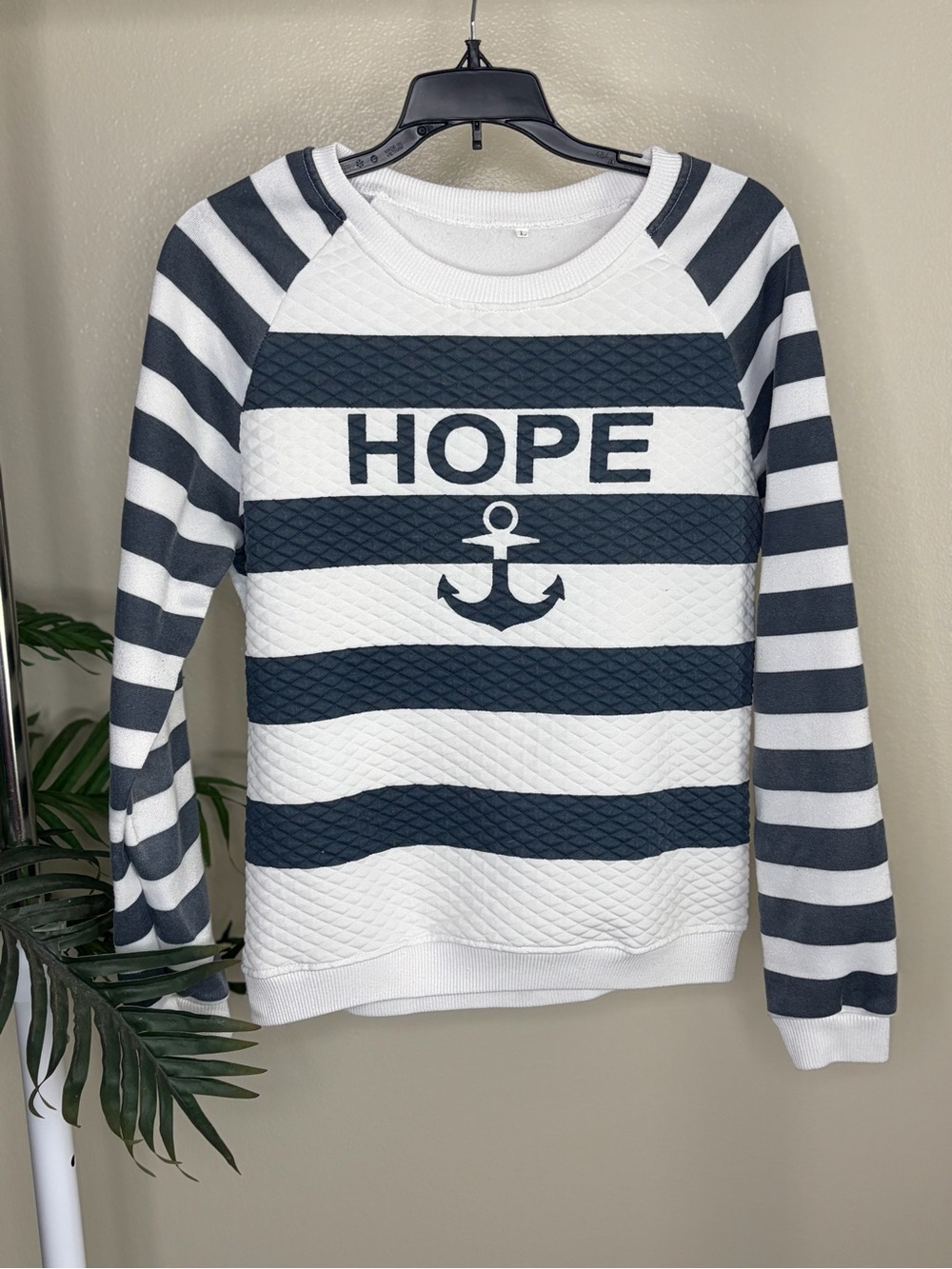 Navy White Striped Hope Anchor Sweatshirt Nautical Pullover
